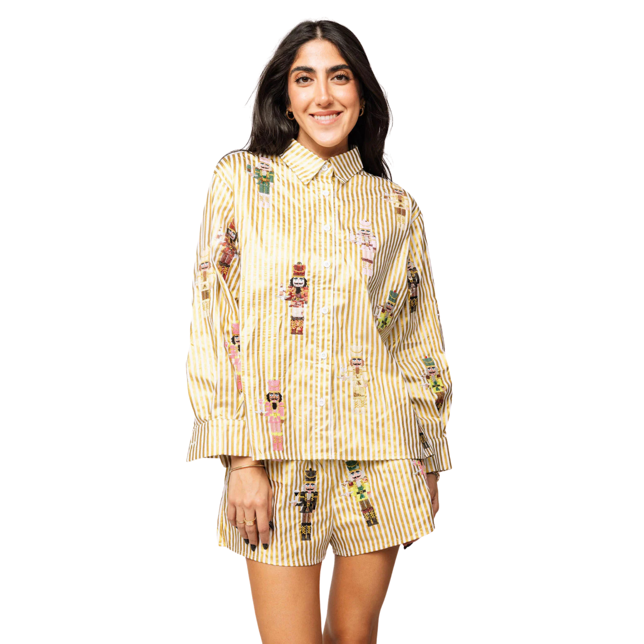 Gold Metallic Stripe Cocktail Serving Nutcracker Button Up Top-Fairley Fancy