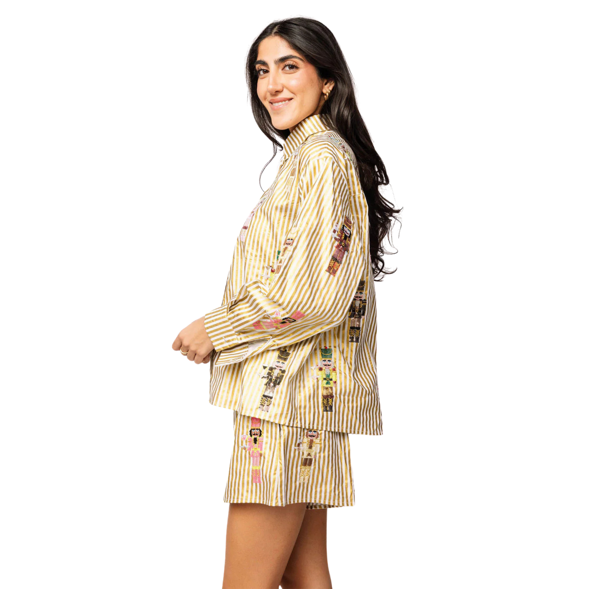 Gold Metallic Stripe Cocktail Serving Nutcracker Button Up Top-Fairley Fancy