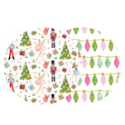 A festive holiday-themed pattern featuring Christmas trees, wrapped gifts, candy canes, nutcrackers, ballerinas, and hanging pink and green string lights arranged in a long oval composition on a white background.