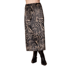A black and beige zebra-patterned midi skirt shown on a model from the waist down, paired with black boots against a solid beige studio background.