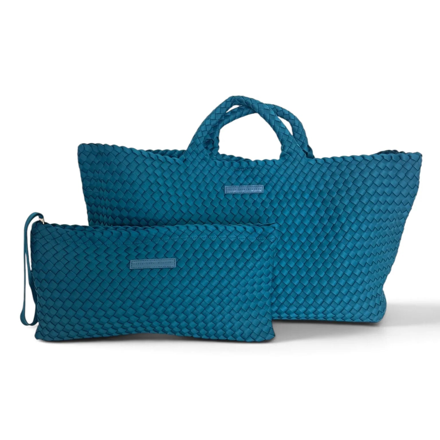 A matching two-piece beach bag set featuring a large woven tote bag and a smaller zippered pouch, both in a vibrant teal blue color with a textured woven pattern.