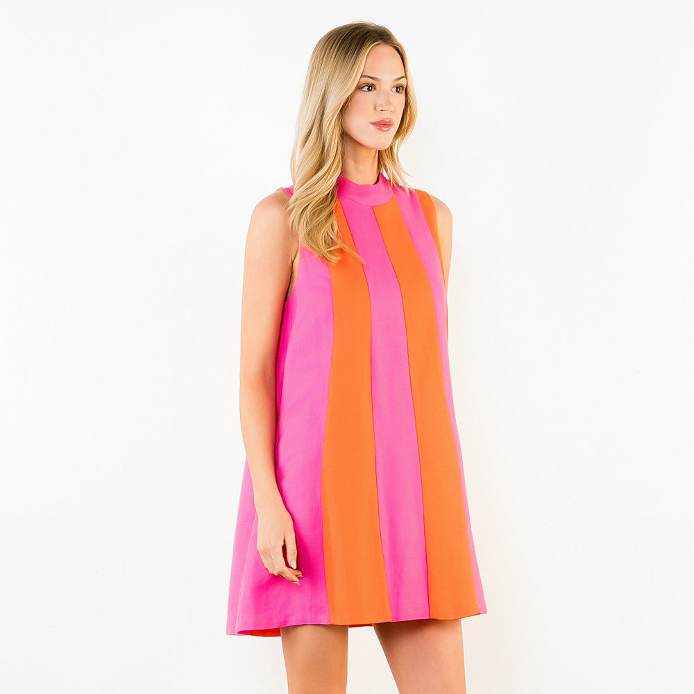 Sleeveless colorblock dress in Orange and Magenta