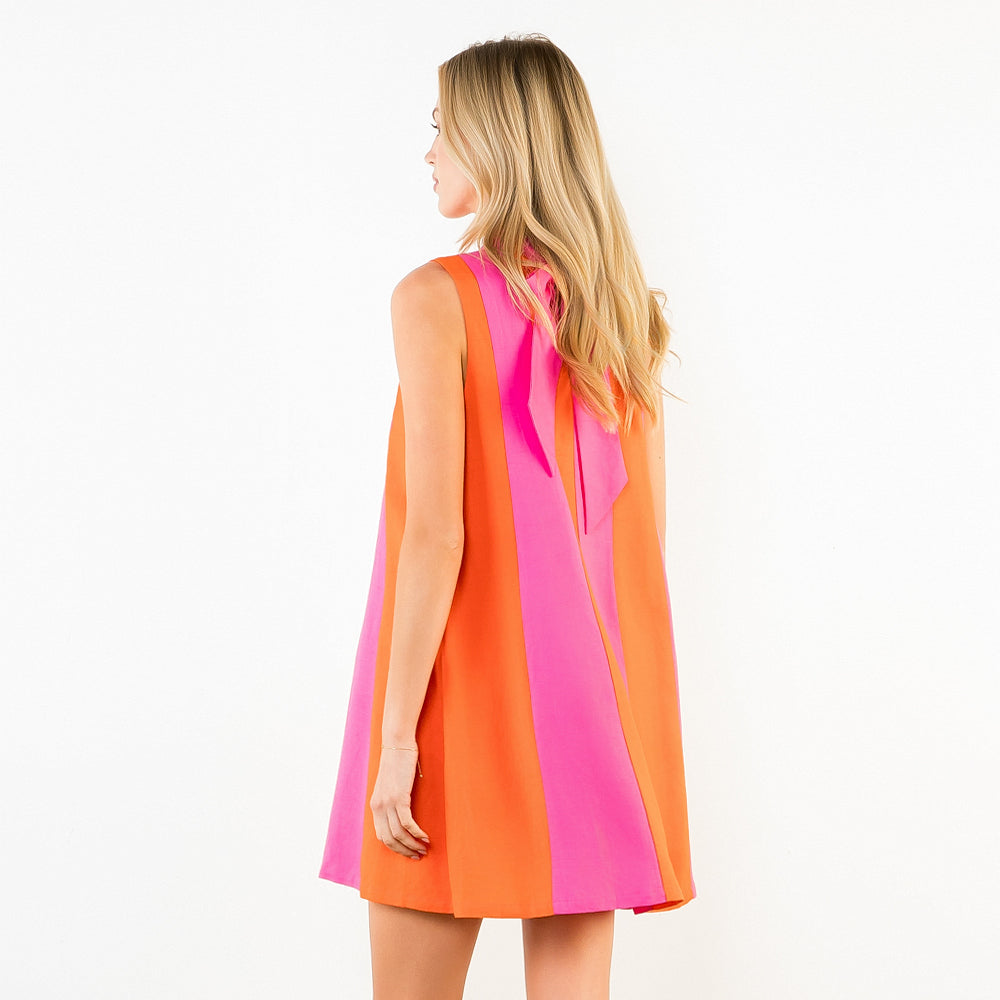 Sleeveless colorblock dress in Orange and Magenta