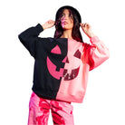 Black & Neon Pink Split Pumpkin Face Sweatshirt - Fairley Fancy