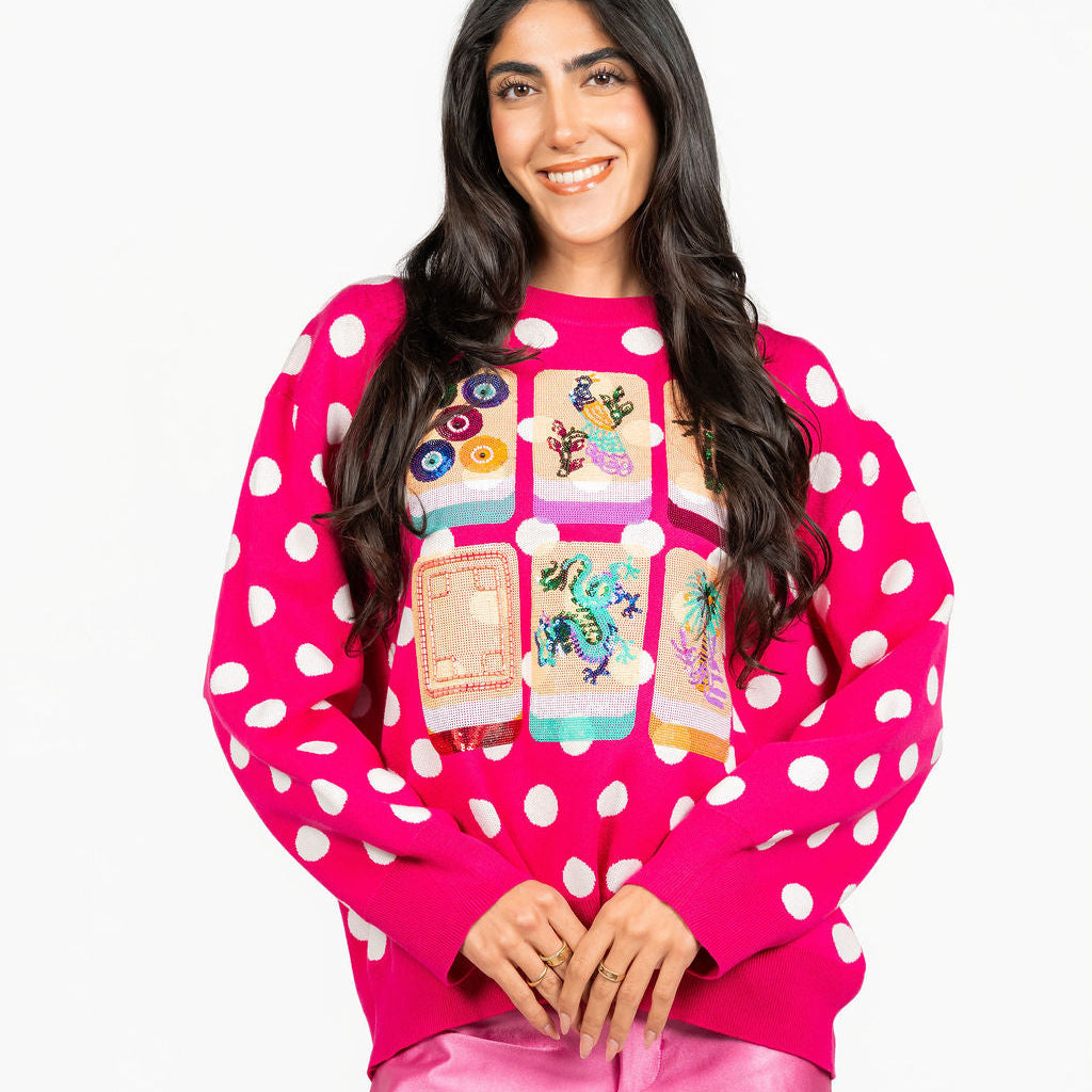 Hot Pink & White Polka Dot Mahjong Tile Sweater