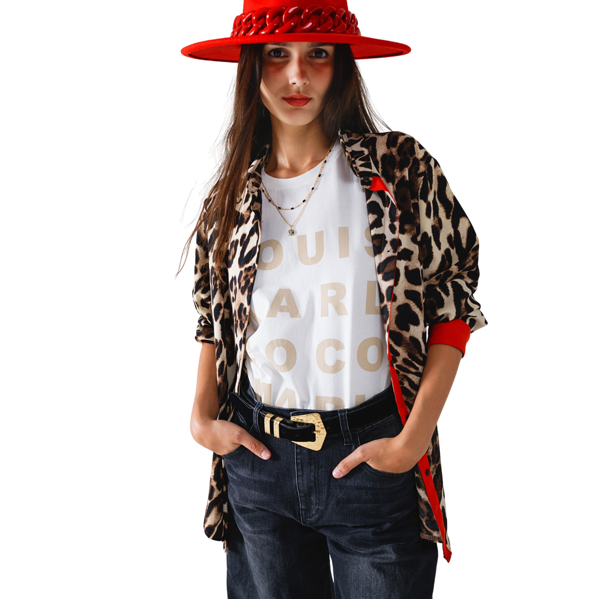 Leopard Shirt WIth Red Button Placket And Red Sleeves Detail-Fairley Fancy
