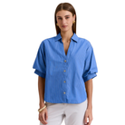 Lilian Elbow Sleeve Pencil Stripe Shirt in Lake Blue and White-Fairley Fancy