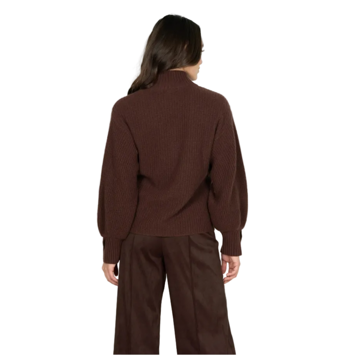 A model shown from the back wearing a dark brown ribbed knit mock-neck sweater and matching dark brown wide-leg trousers against a light gray studio background.