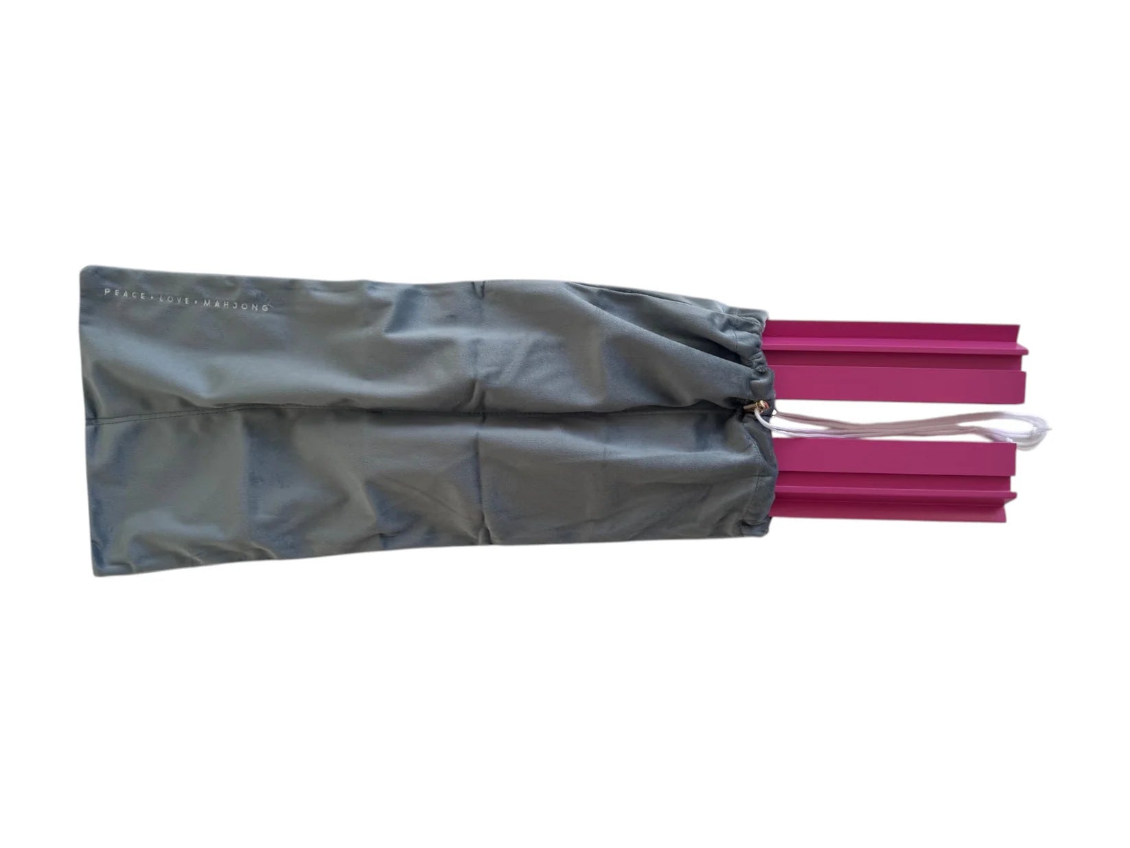 Gray carrying bag with pink resistance bands on a white background