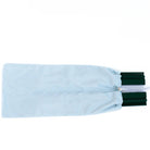 Light blue drawstring bag with black drawstrings on a white background