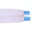 A light lavender drawstring bag with blue plastic end pieces and white drawstrings, shown on a plain white background.
