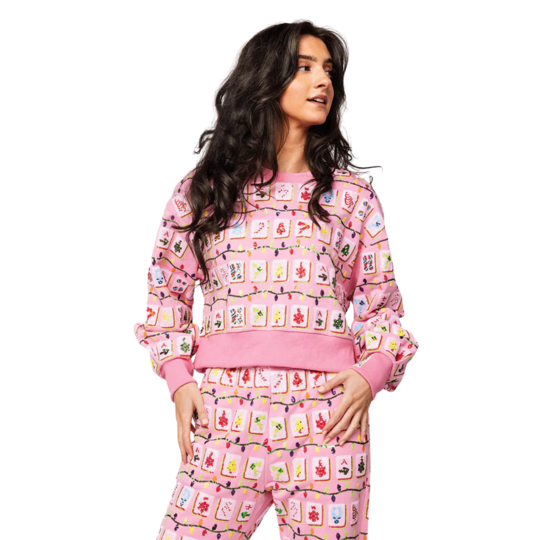 Pink Christmas Mahjong Tile Sweatshirt-Fairley Fancy
