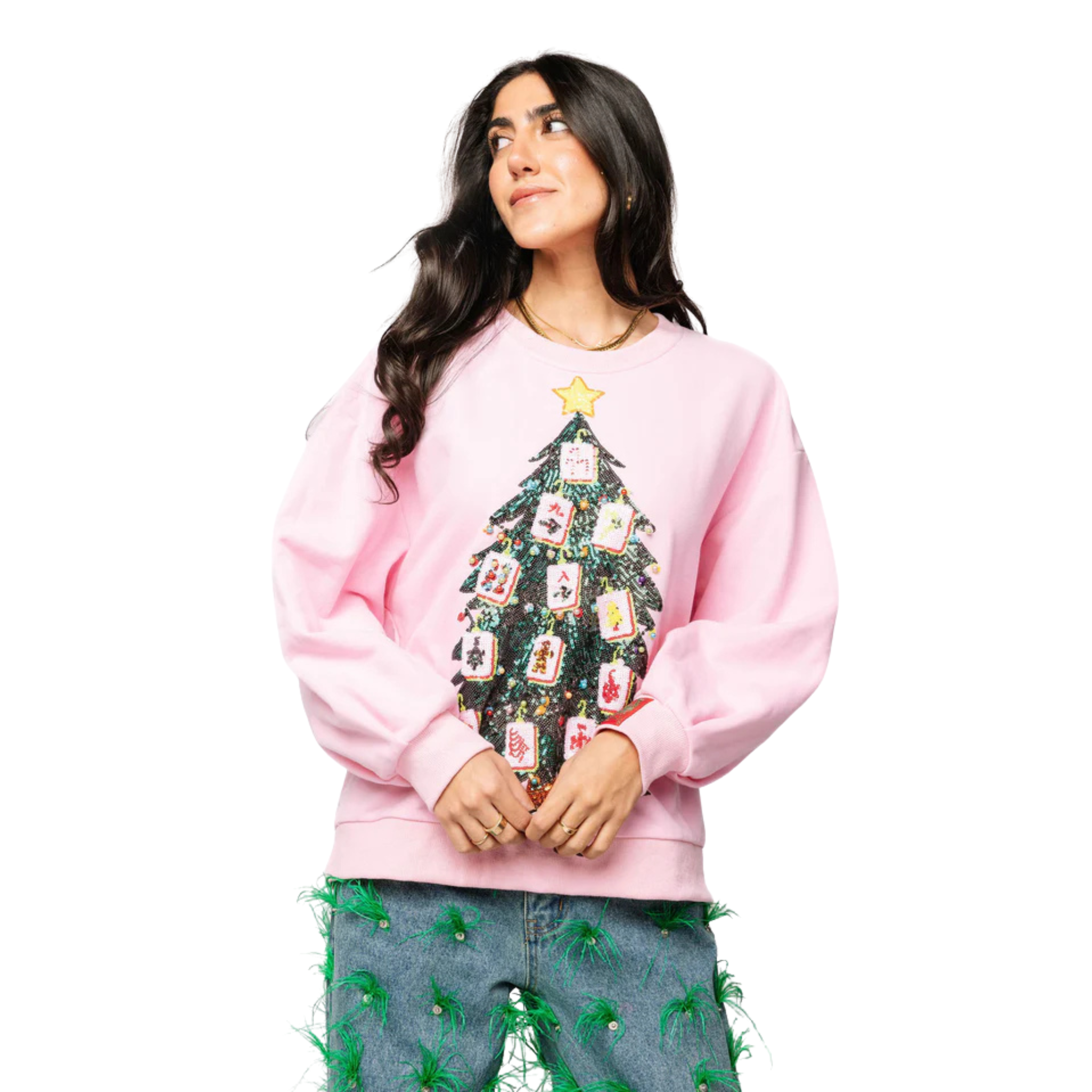 Pink Mahjong Christmas Tree Sweatshirt-Fairley Fancy