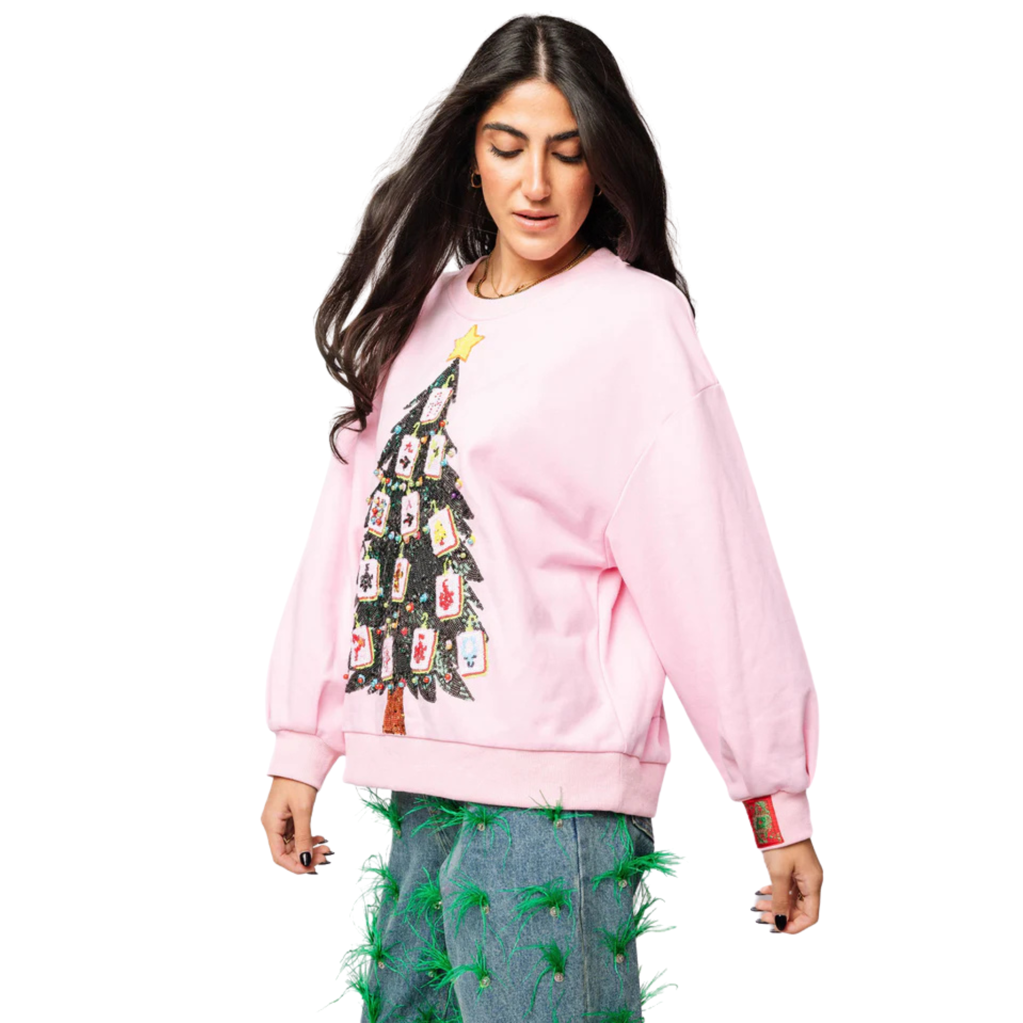 Pink Mahjong Christmas Tree Sweatshirt-Fairley Fancy