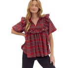 Plaid Print V Neck Bubble Sleeve Top  Fairley fancy