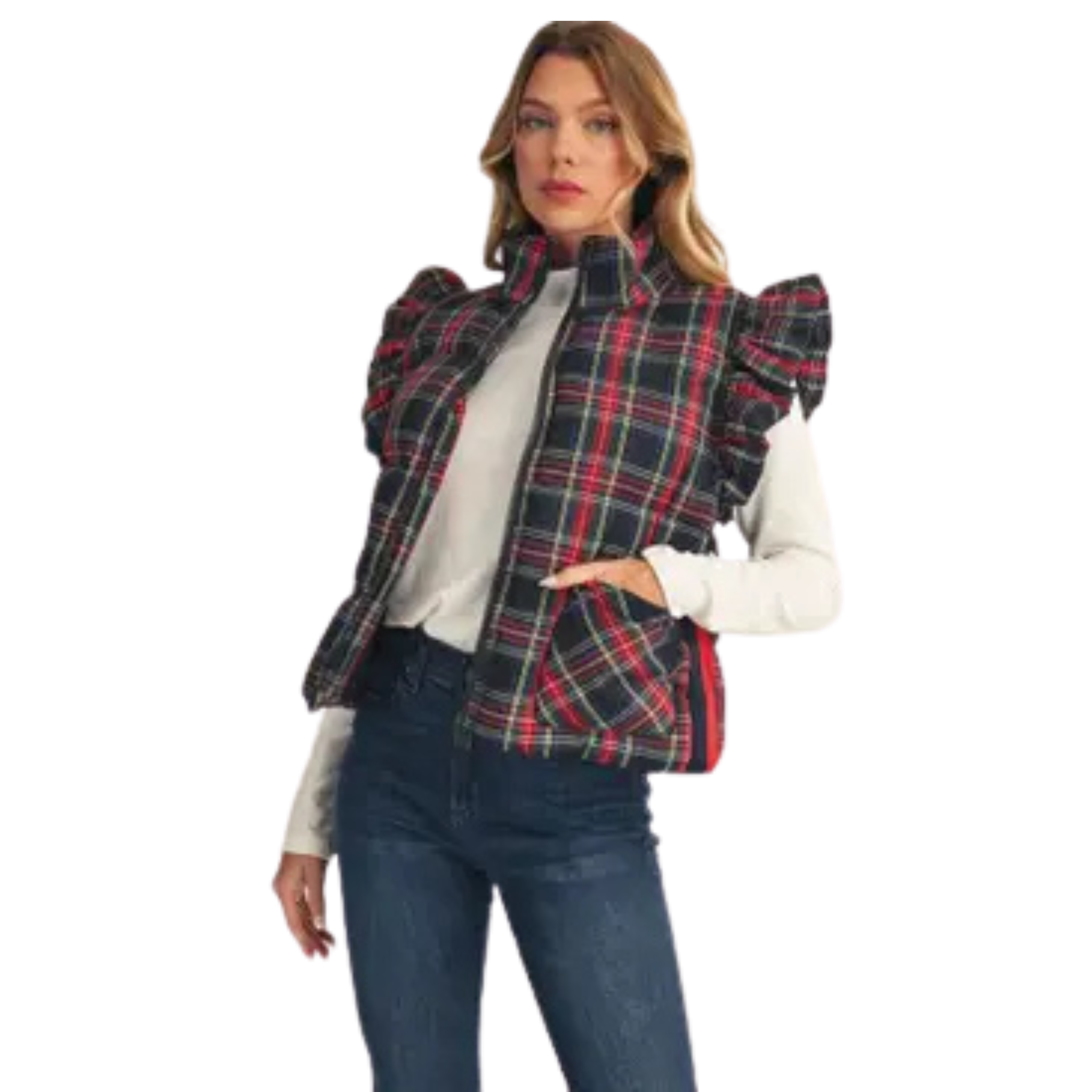 Plaid Puffy Vest in Black-Fairley Fancy
