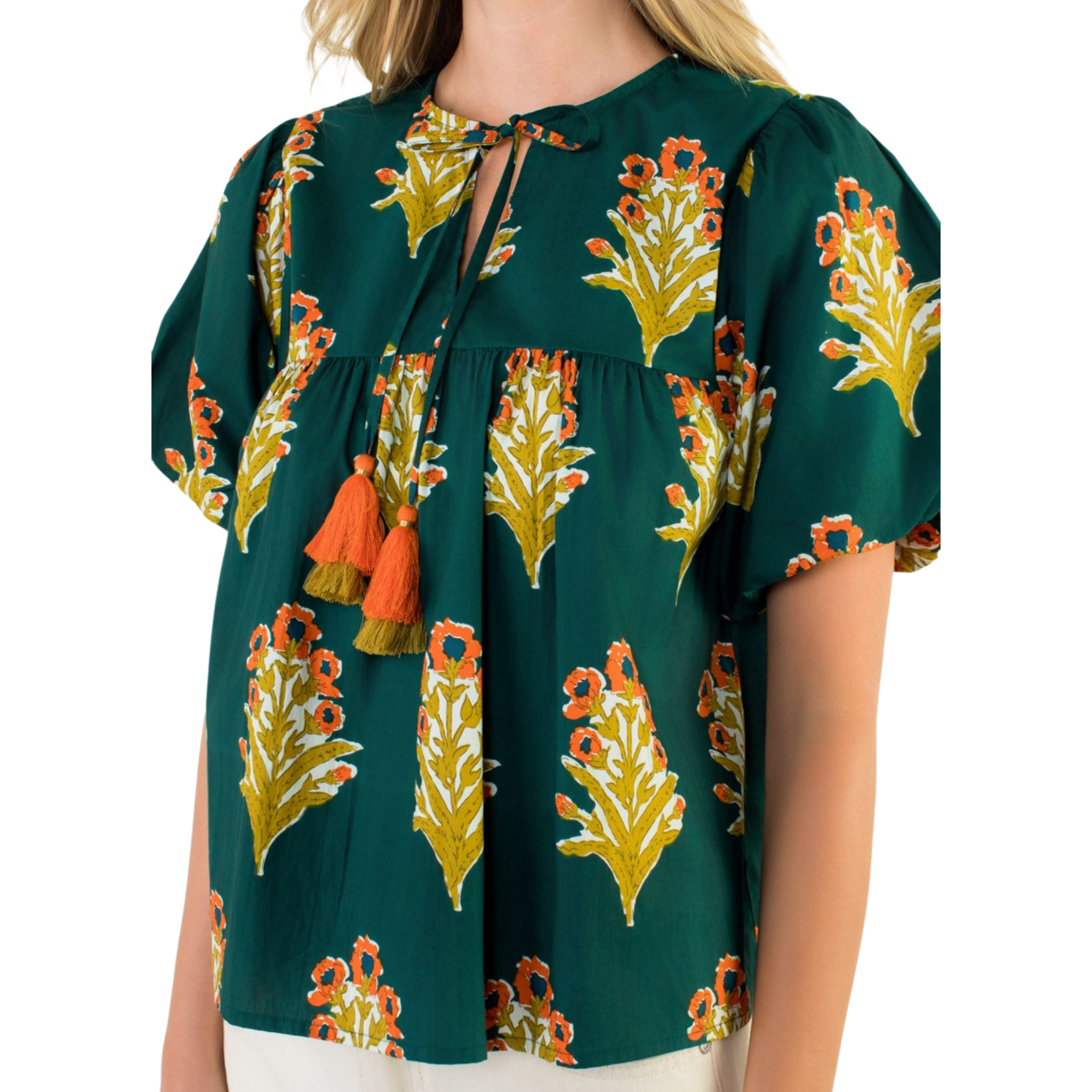 Puff Sleeve Floral Block Print Tie Tassel Top-Fairley Fancy