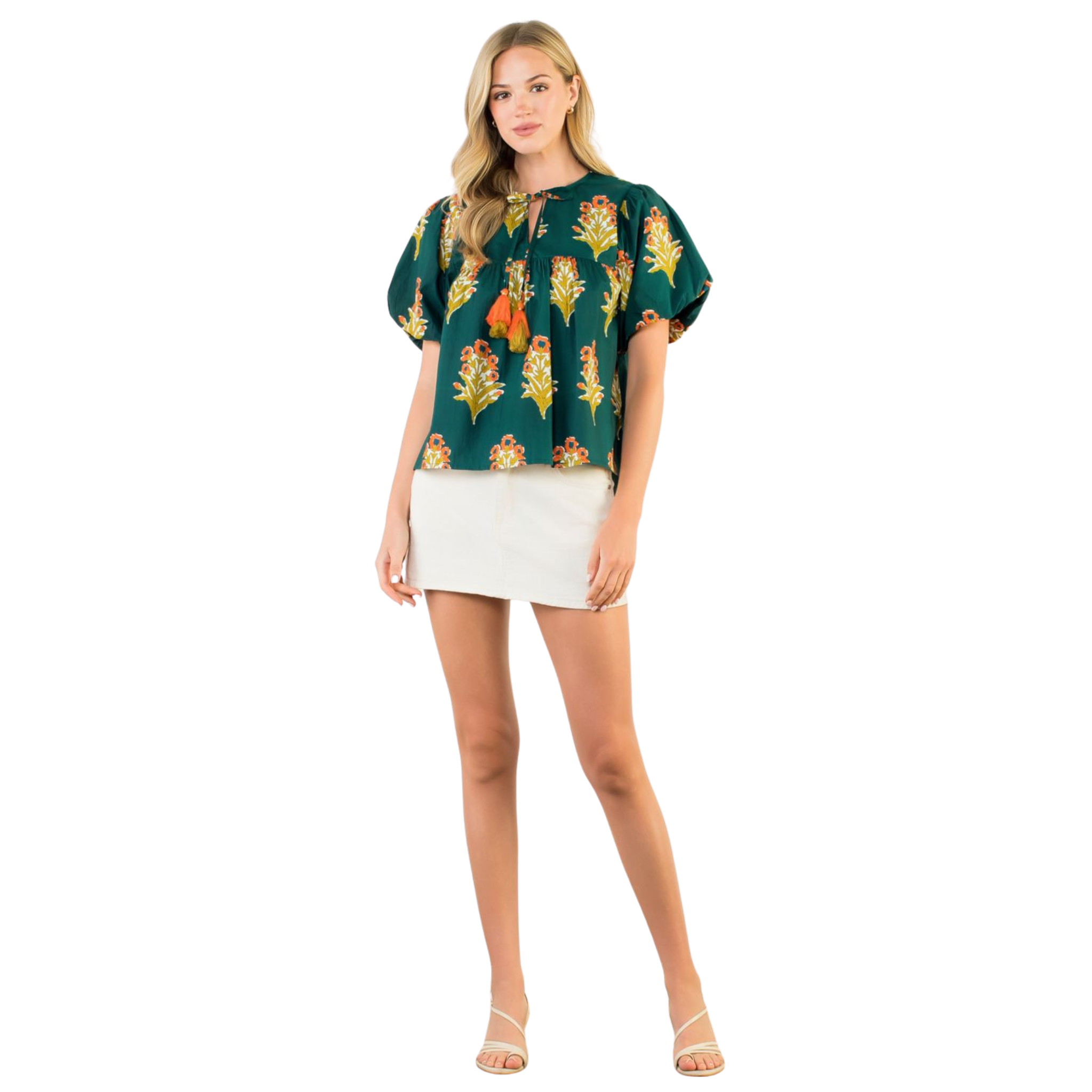 Puff Sleeve Floral Block Print Tie Tassel Top-Fairley Fancy