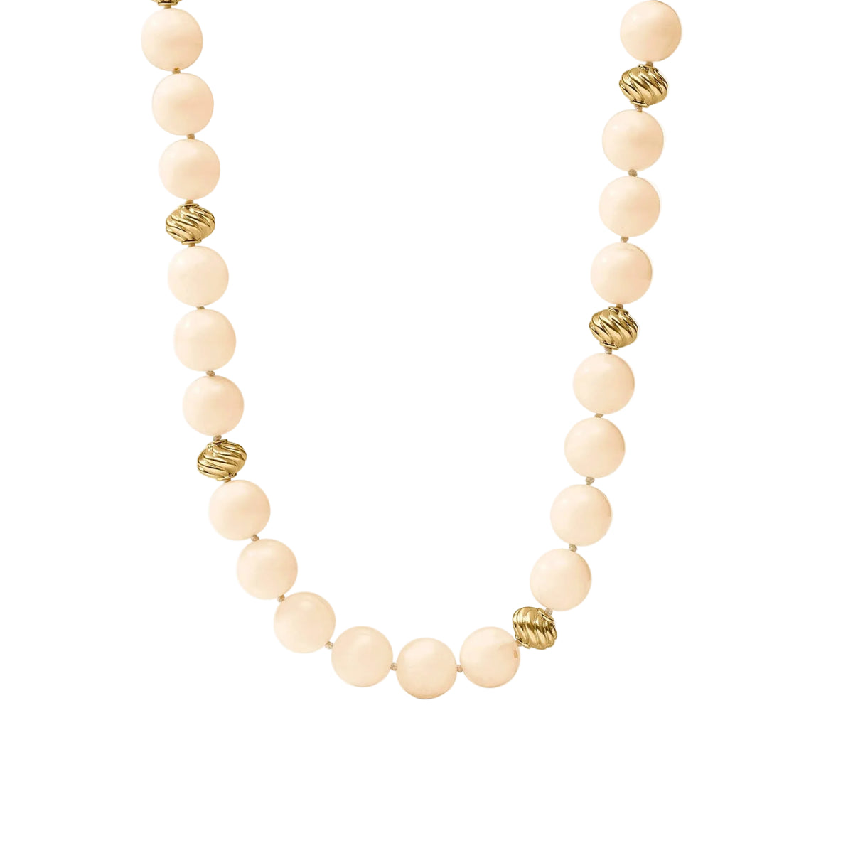 A beaded necklace with large pale cream beads and a few textured gold spacer beads, photographed on a clean white background.