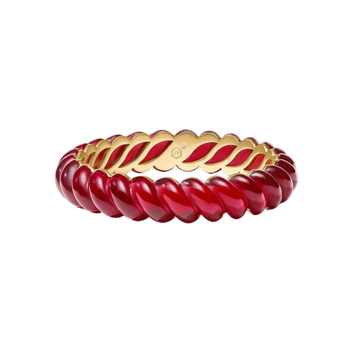 A gold-plated bangle bracelet with a twisted red enamel interior, shown on a clean white background.