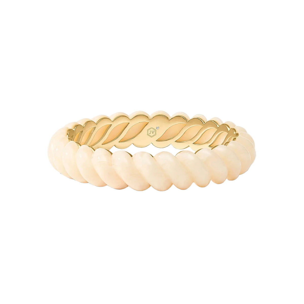 A twisted rope bangle bracelet featuring a polished gold-toned inner band and a smooth, matte cream-colored outer surface, shown on a clean white background.