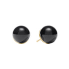 Black sphere earrings with gold accents on a white background