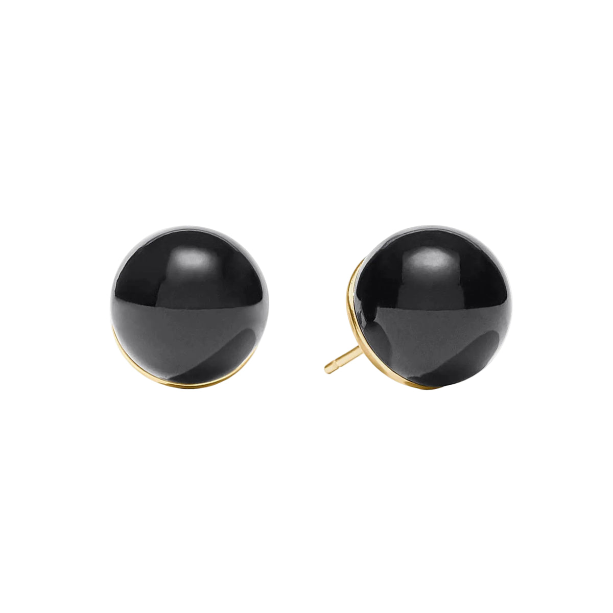 Black sphere earrings with gold accents on a white background