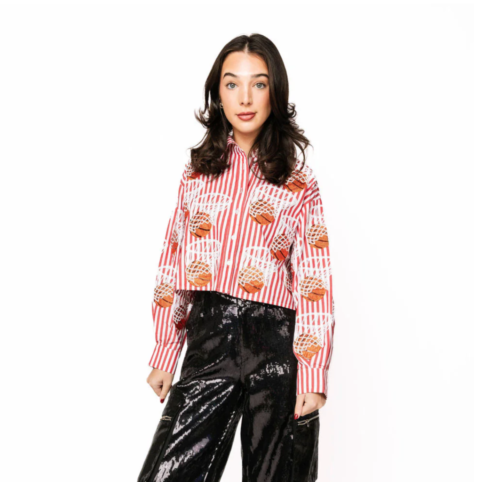 Red & White Stripe Basketball Hoop Button Up Top