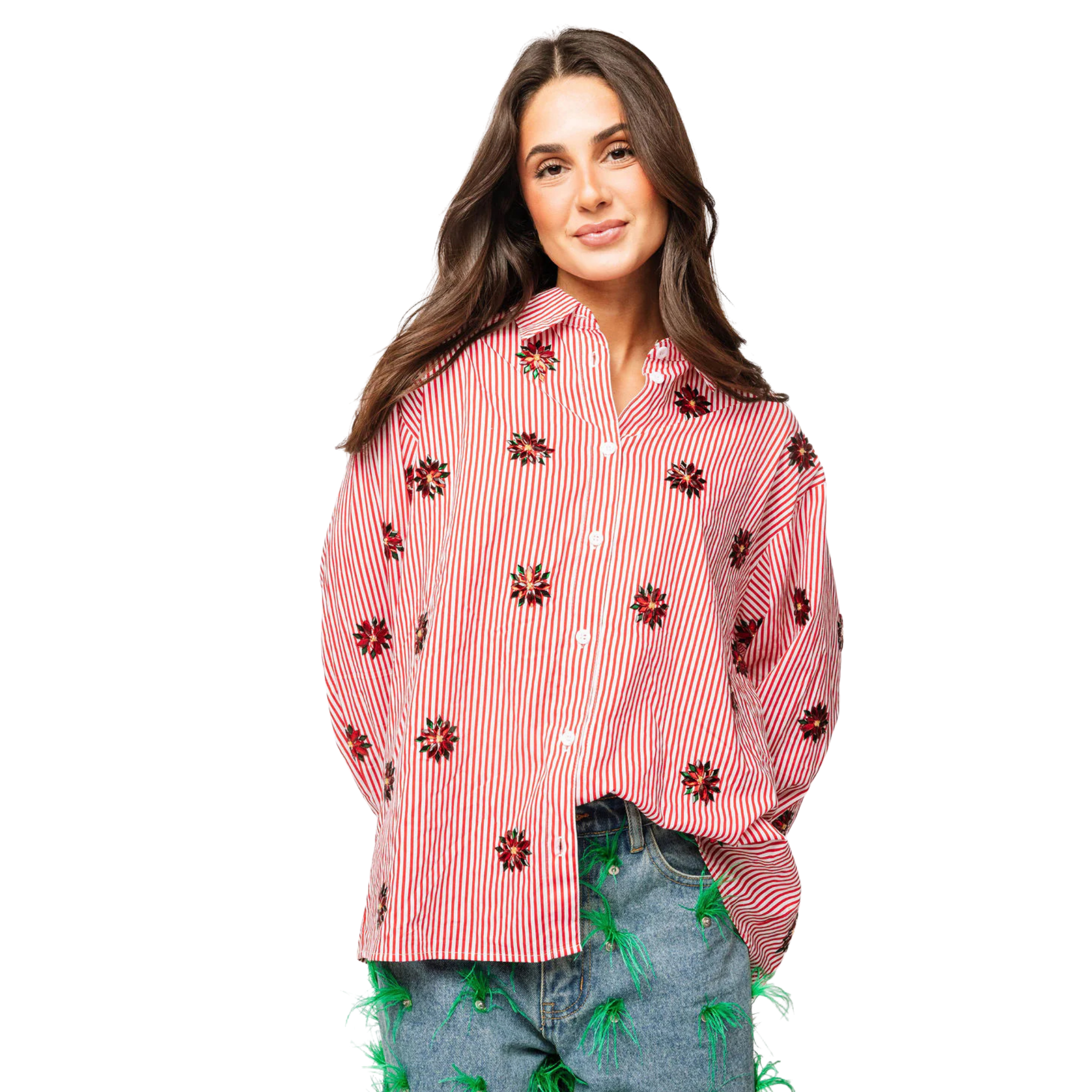Red & White Striped Scattered Jeweled Poinsettia Button Up Collar Top-Fairley Fancy