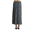 A black midi skirt with a white polka dot pattern, shown on a model from the waist down wearing black high heels against a solid gray studio background.