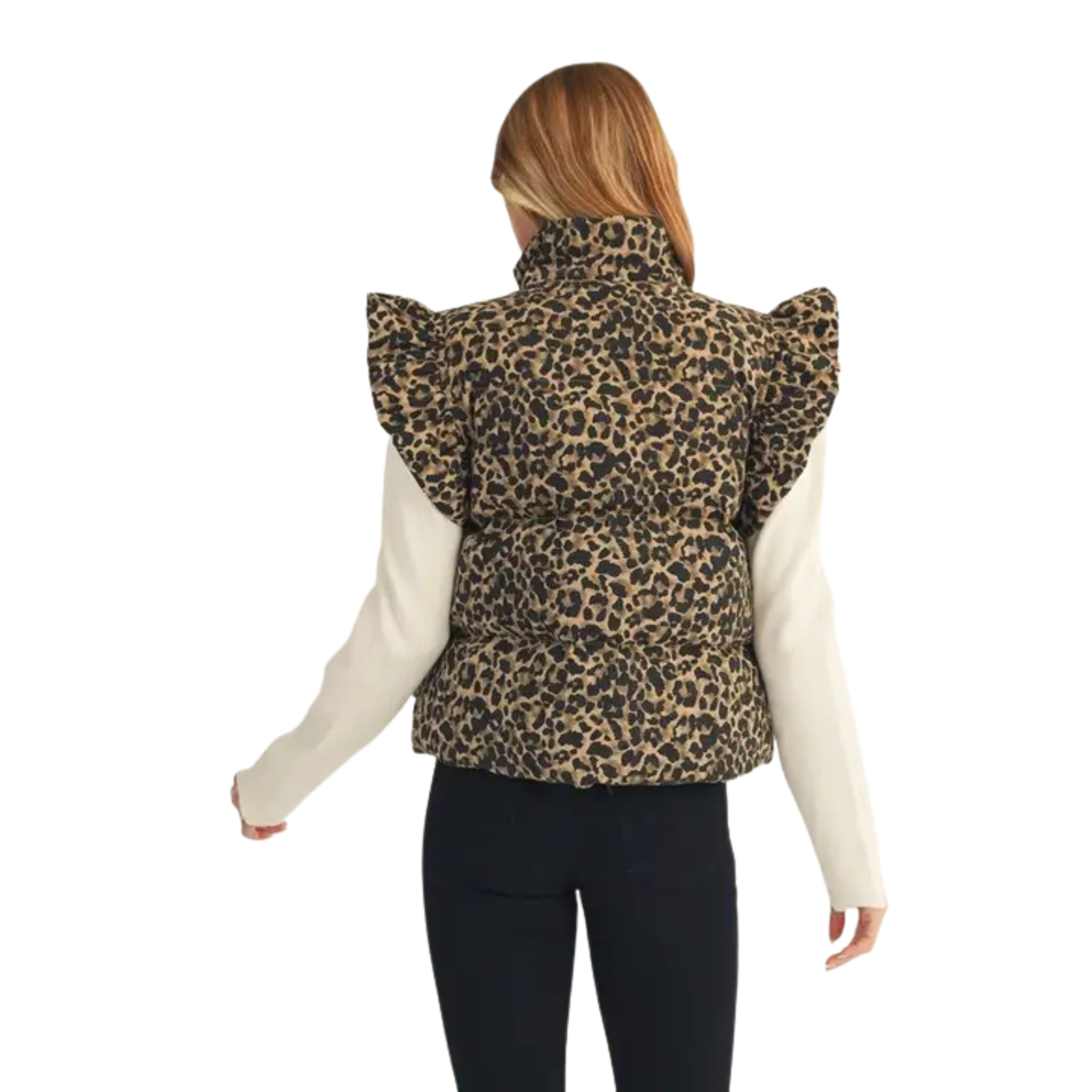 Ruffle Shoulder Leopard Puffer Vest-Fairley Fancy