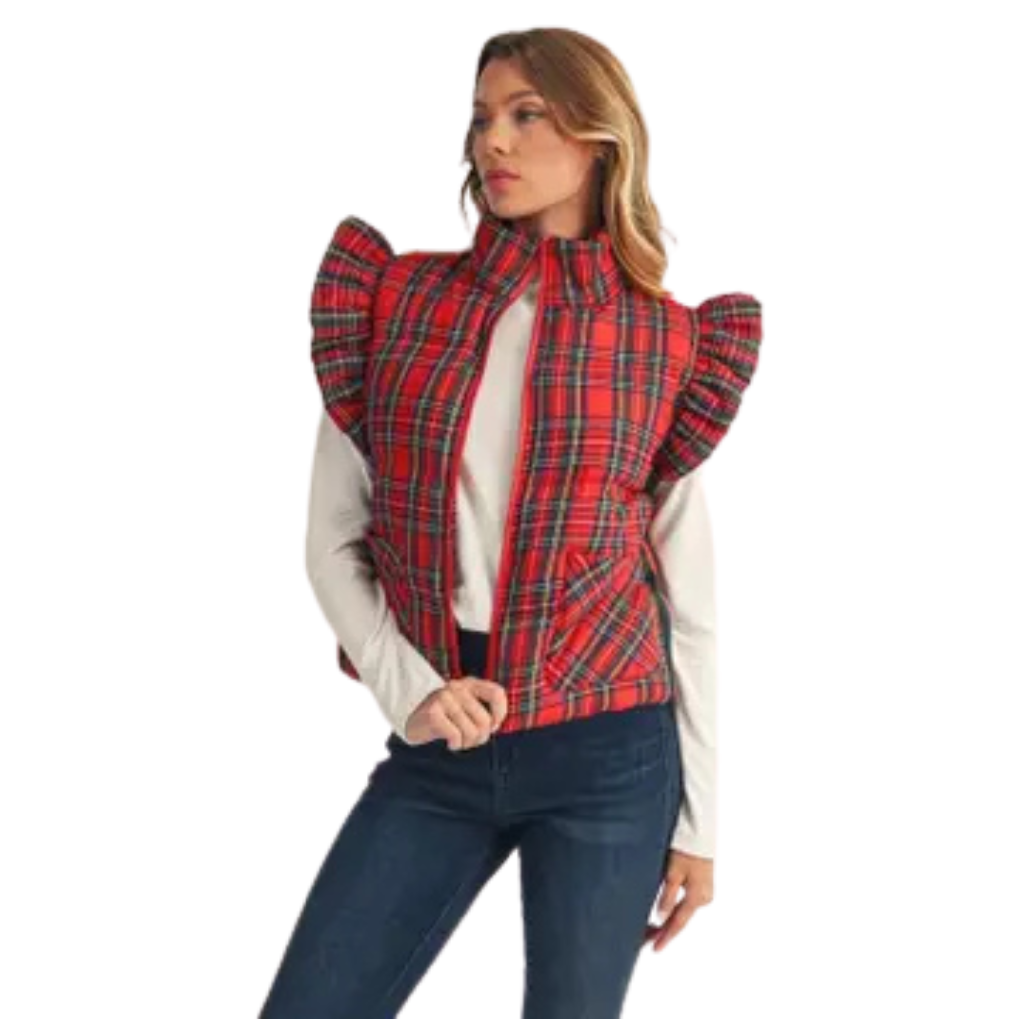 Ruffle Shoulder Red Plaid Puffer Vest-Fairley fancy