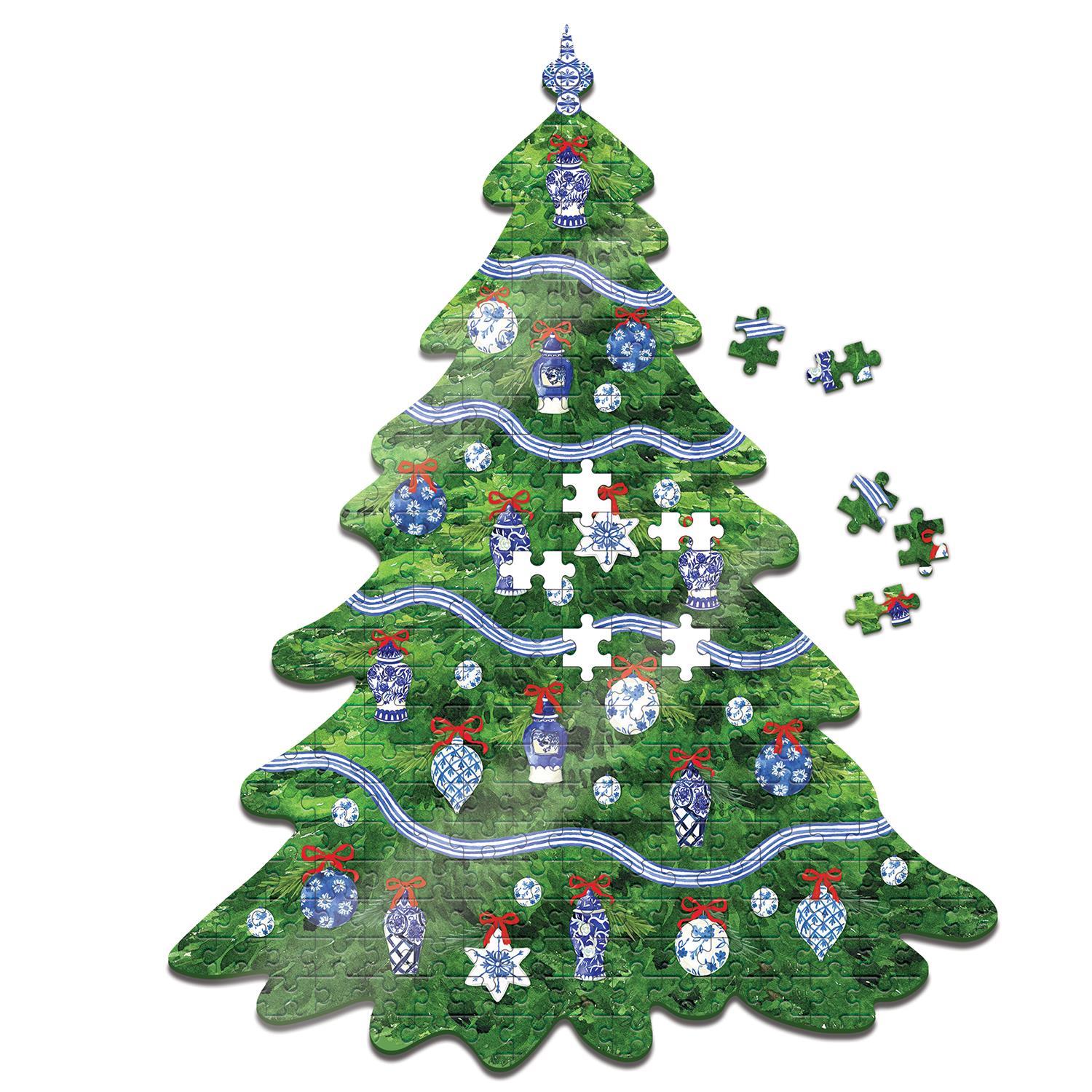 Blue and White Christmas Tree Shape 500 Pc Jigsaw Puzzle - Fairley Fancy