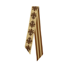 A silk necktie featuring a repeating brown fleur-de-lis pattern on a beige background, with vertical brown and beige stripes on the reverse side, displayed against a light gray background.