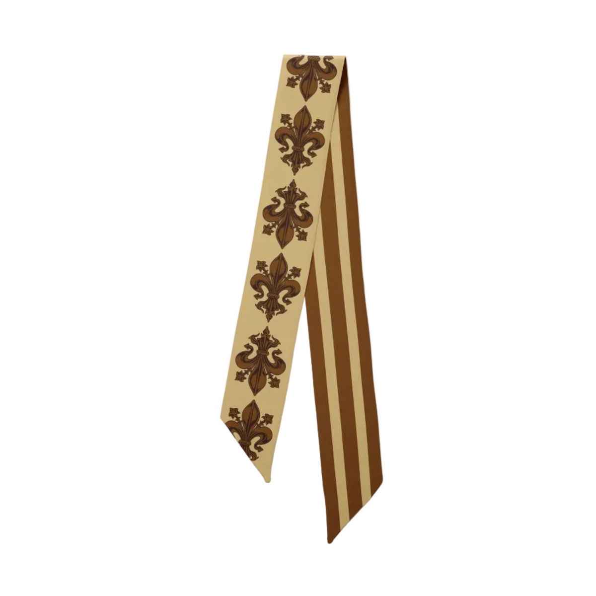 A silk necktie featuring a repeating brown fleur-de-lis pattern on a beige background, with vertical brown and beige stripes on the reverse side, displayed against a light gray background.