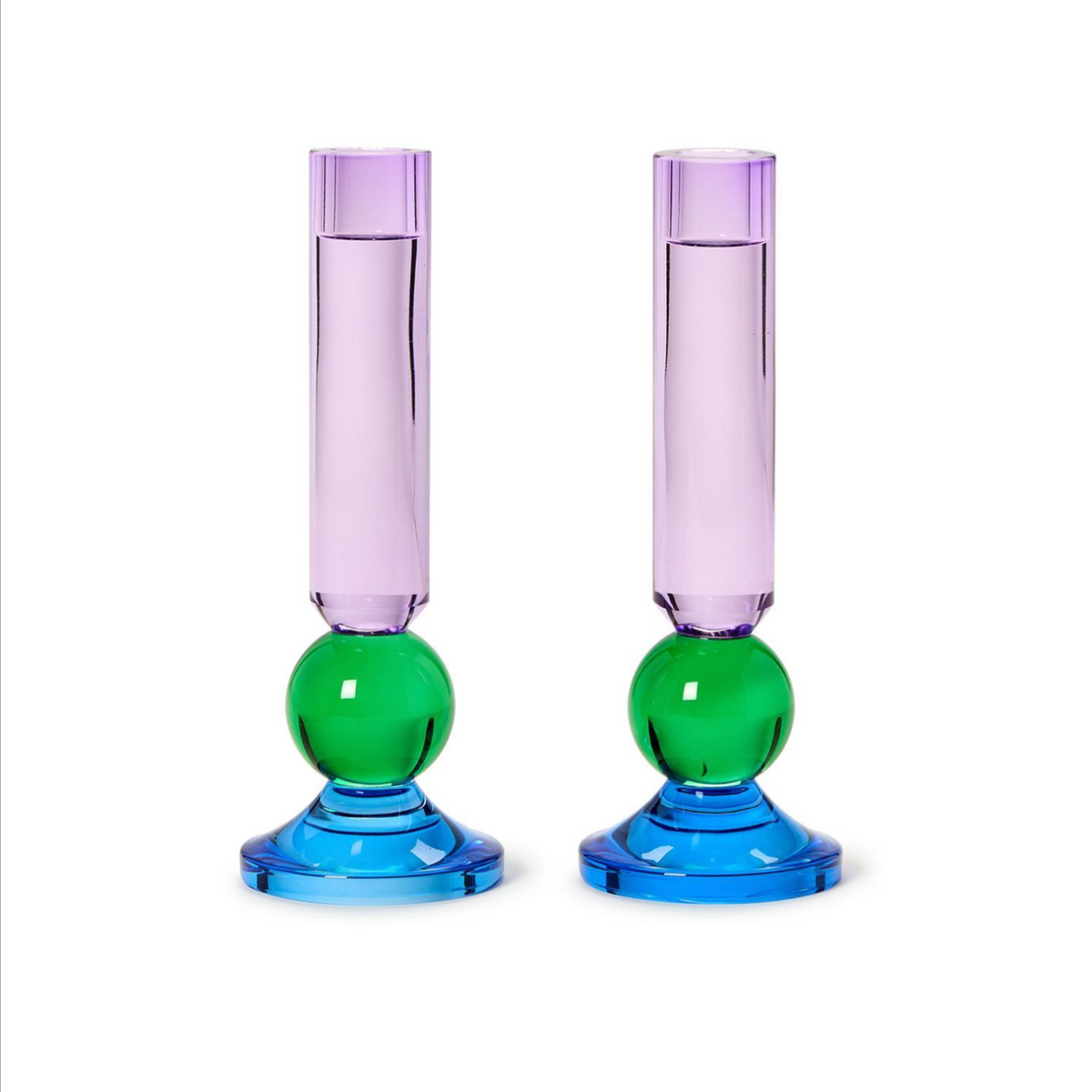 Two matching translucent glass candlestick holders with purple cylindrical upper sections, green spherical middle sections, and blue circular bases, shown on a plain white background.