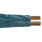 A teal blue drawstring storage bag containing multiple light brown wooden poles, shown against a plain white background.