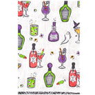 A white tea towel or cloth featuring a colorful Halloween-themed pattern with illustrated bottles, cocktails, candy, ghosts, and spiderwebs.