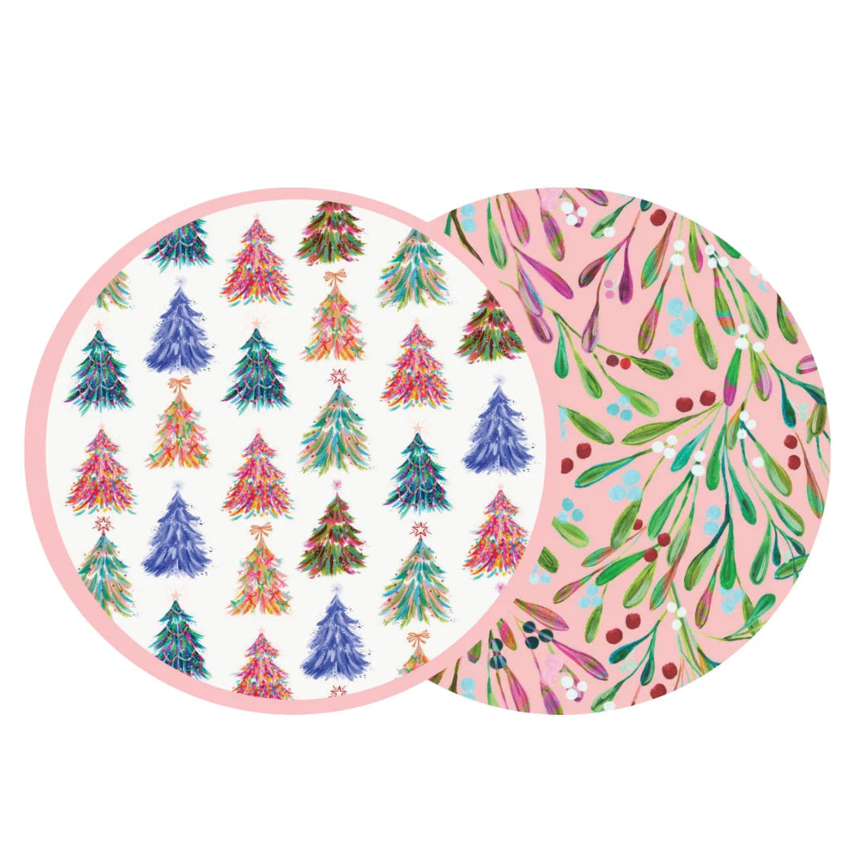 Two overlapping round decorative plates or platters with festive holiday patterns. One plate features colorful Christmas tree motifs on a white background with a pink border, and the other shows a pink background with green mistletoe and red berries.