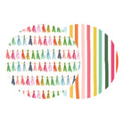 A colorful graphic design featuring rows of small hanging tassels in pink, green, blue, orange, and yellow on a white background, alongside vertical multicolor stripes.