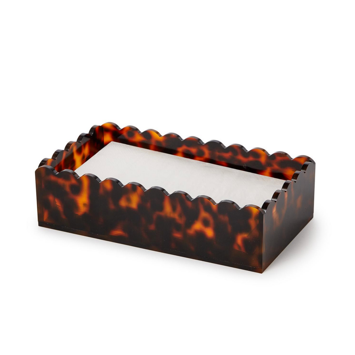 Tortoiseshell-patterned card holder with a white card on a white background
