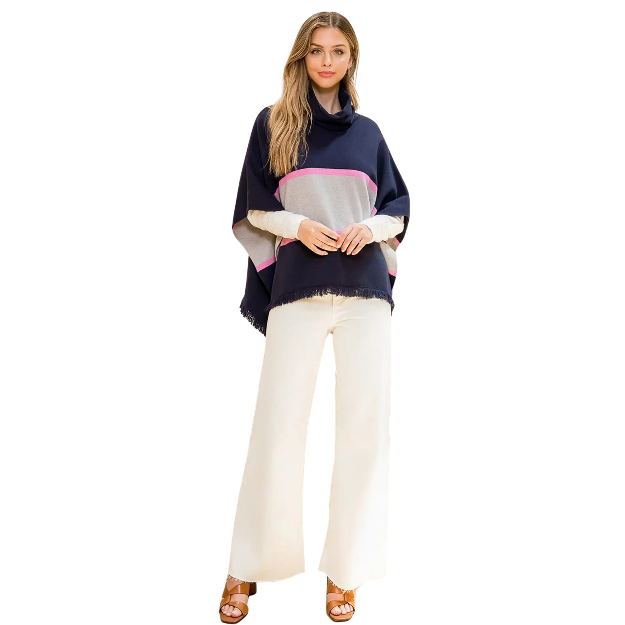Turtleneck Colorblocked Poncho in Navy-Fairley Fancy