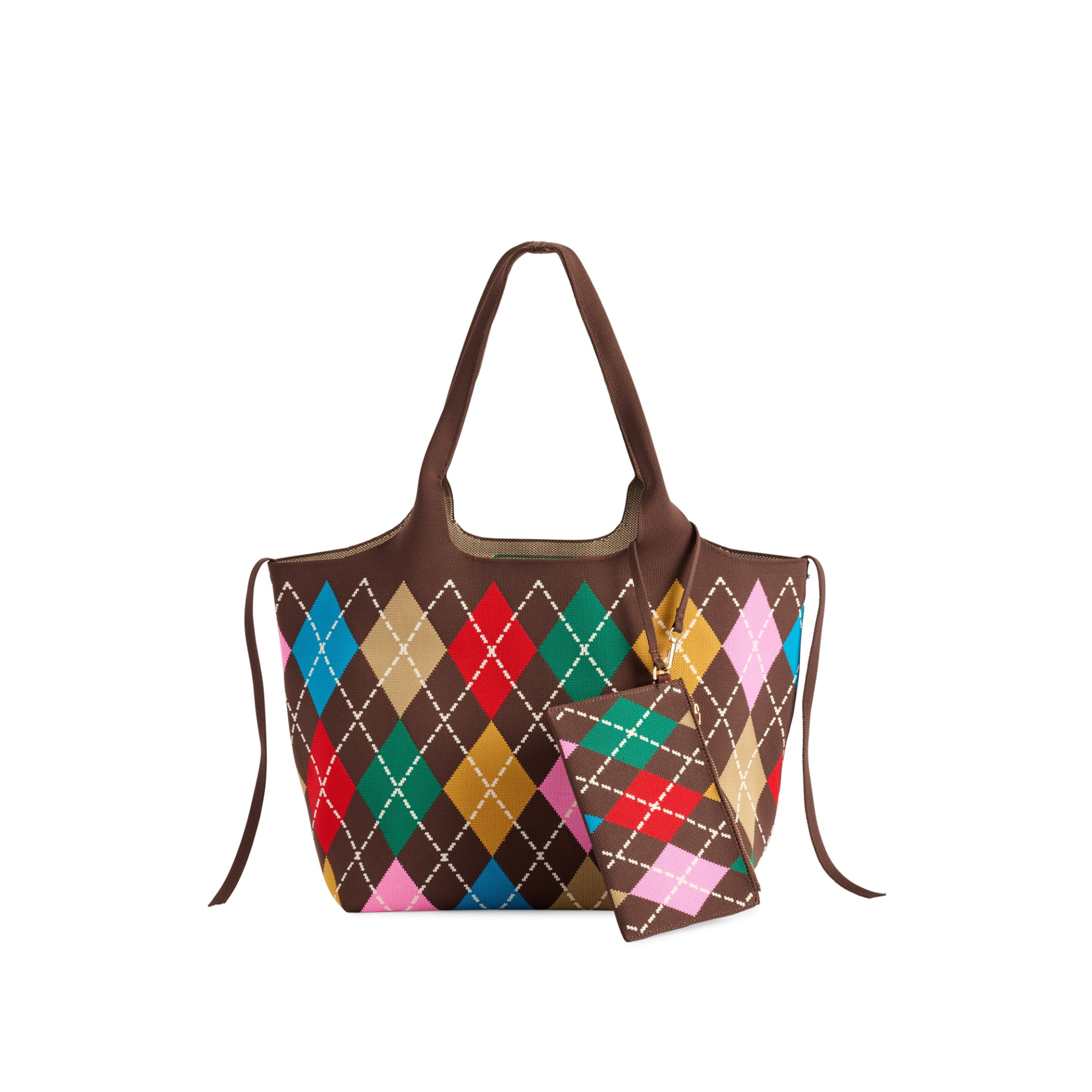 Robbie Argyle Tote in Brown Front View with Clutch 