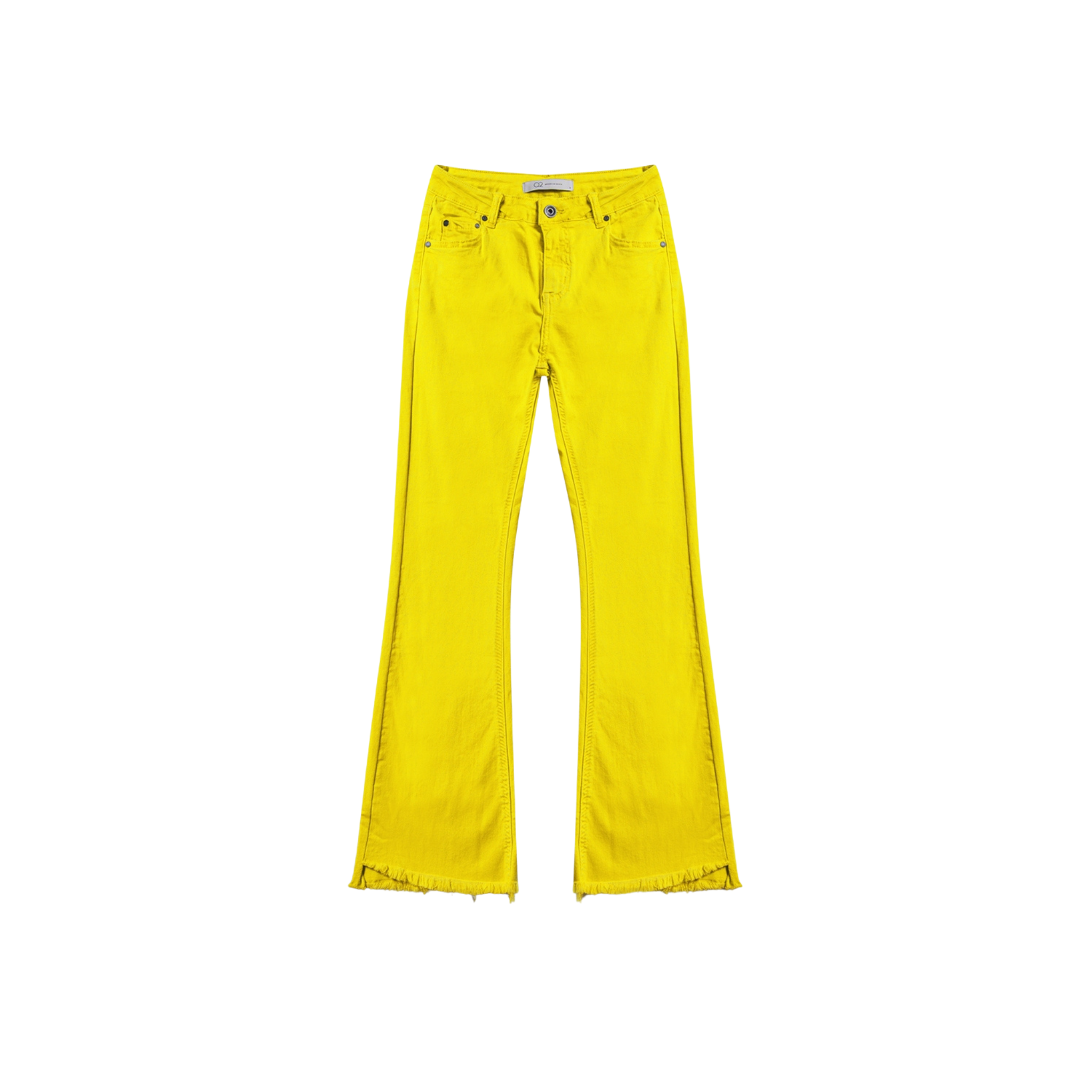Flare Jeans with Raw Hem Edge in Yellow Front View 