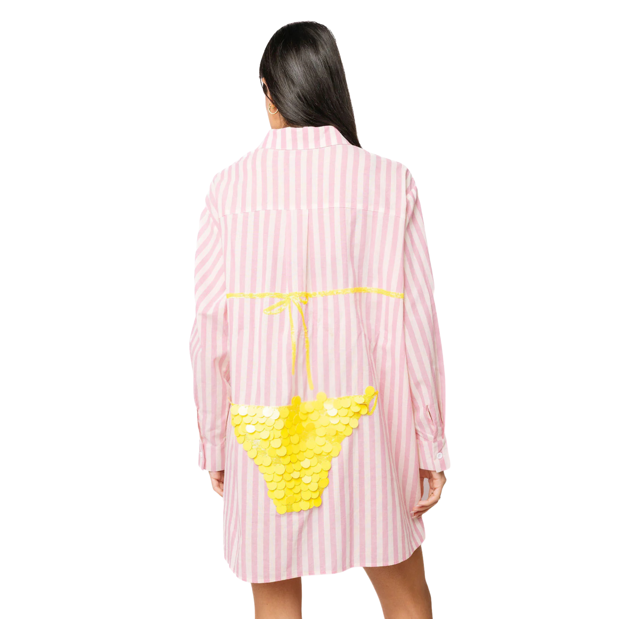 Pink Striped Yellow Paillette Bikini Tunic Back View 
