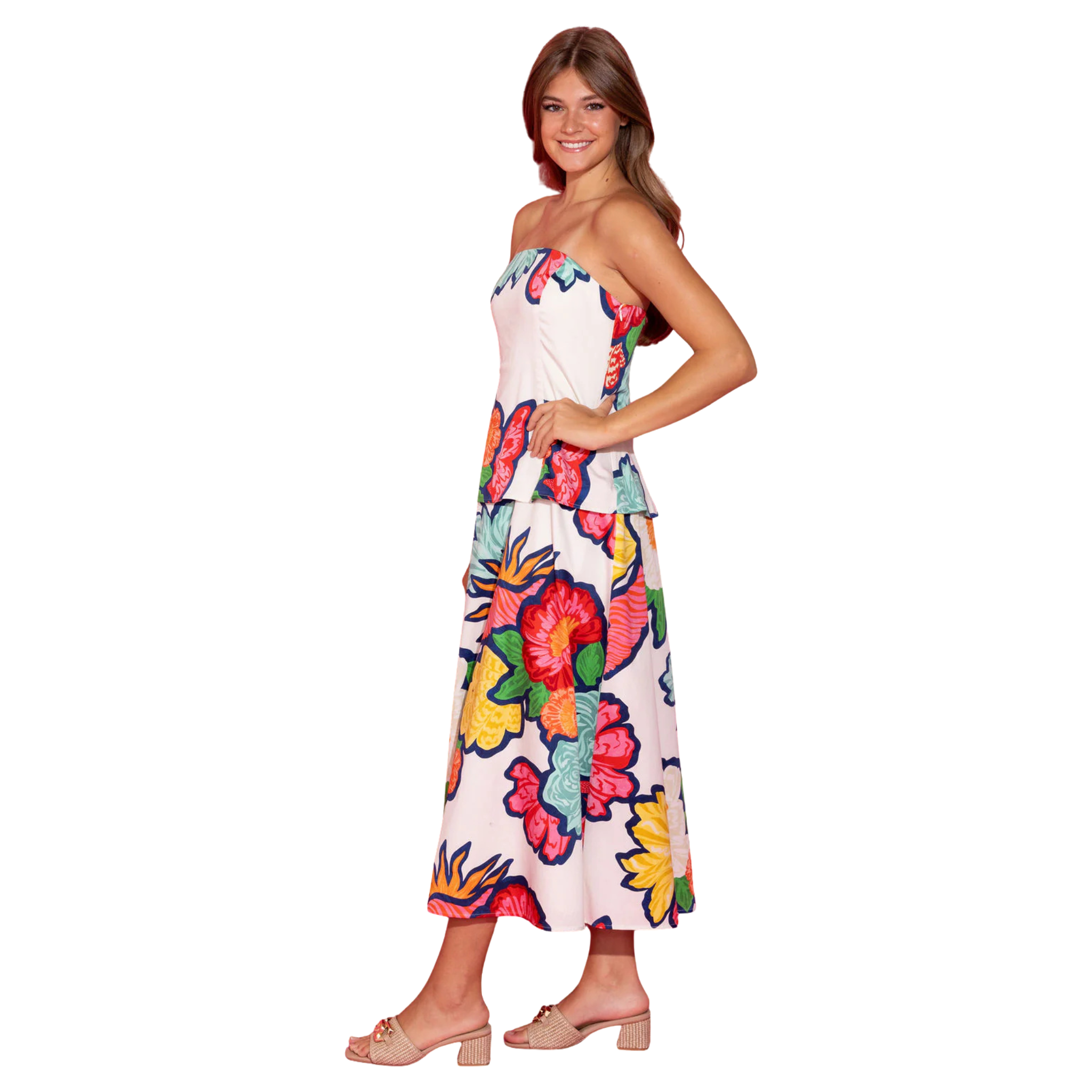 Brooks Dress in Cloud Bouquet Side View with Model 