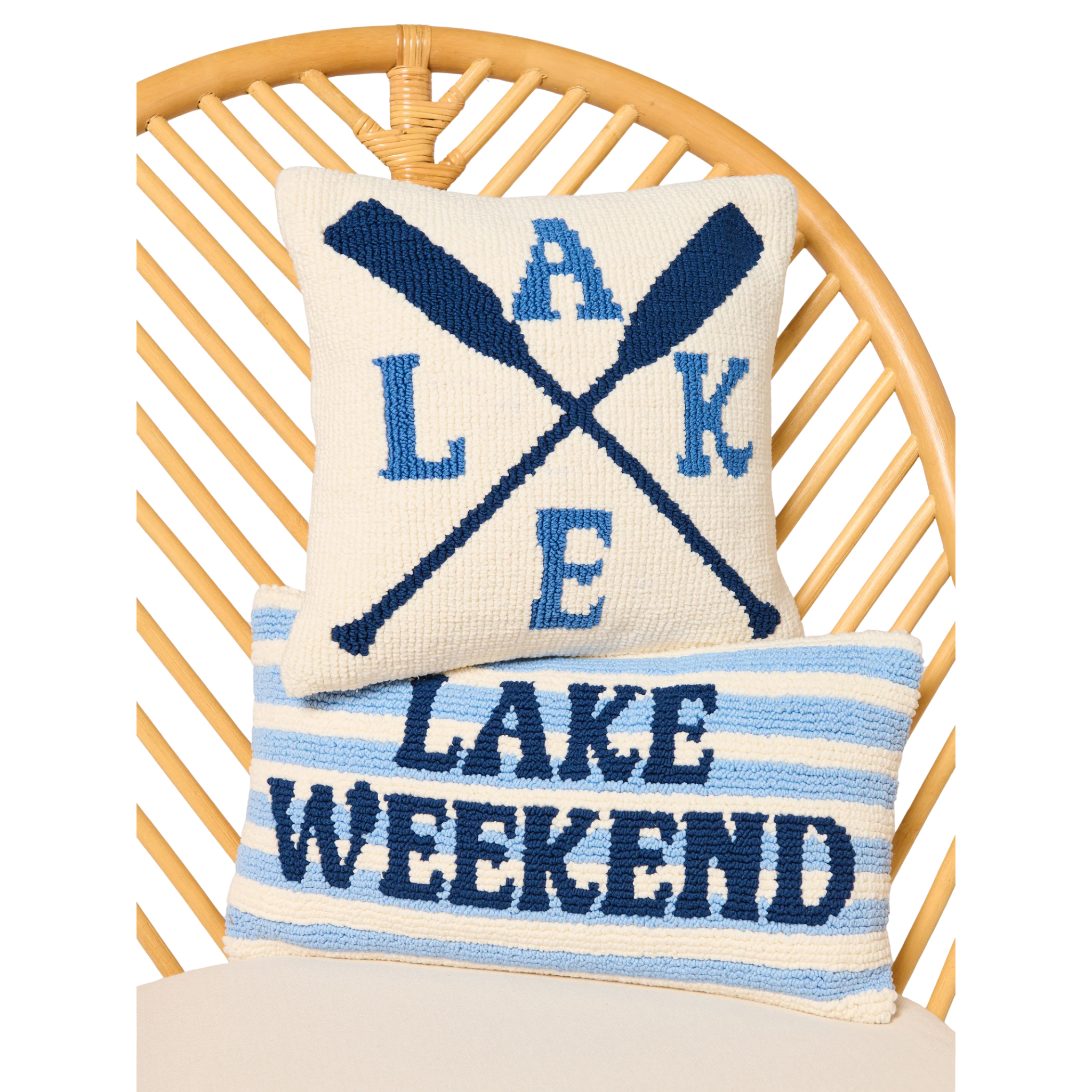 "Lake Weekend" Pillow in Blue Front View on Couch with Other Pillow 