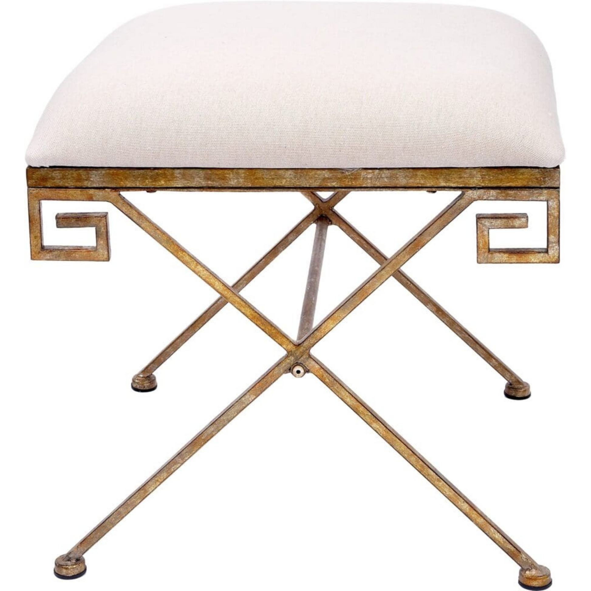 Champagne Gold Greek Key Bench With Oatmeal Linen Cushion - Fairley Fancy