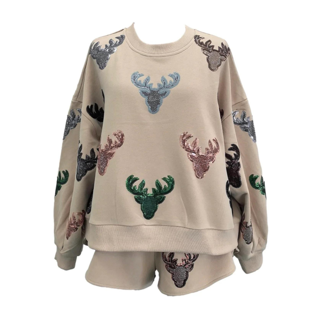 Beige Deer Head Sweatshirt - Fairley Fancy