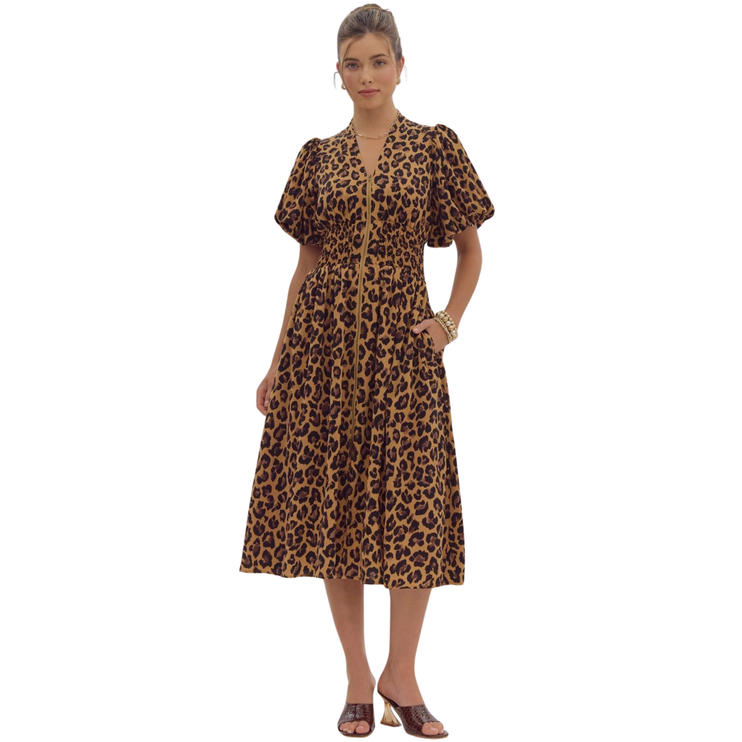 Leopard Print Short Puff Sleeve V-Neck Midi Dress - Fairley Fancy